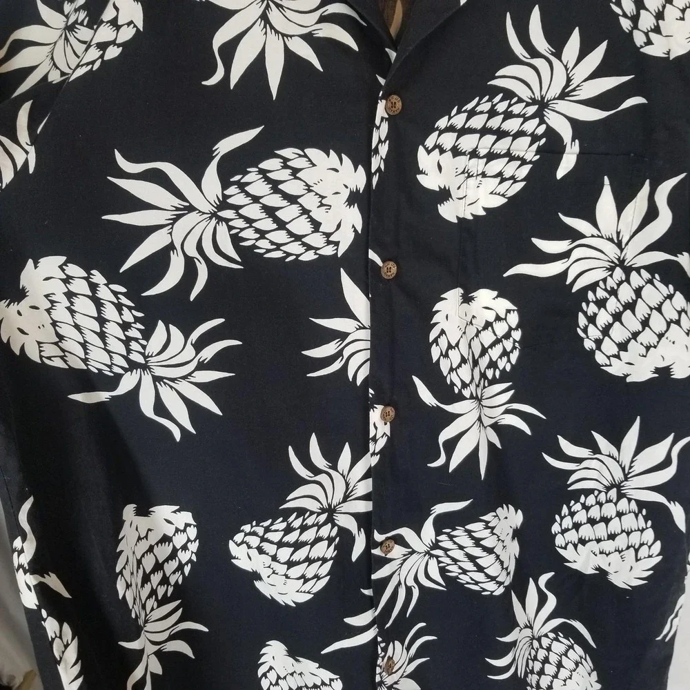 Vintage RJC Shirt Mens XL Black Pineapple Hawaiian Aloha Short‎ Sleeve Button